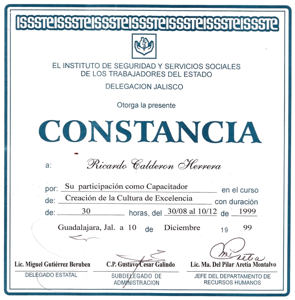 Diploma curso Cultura de Excelencia, impartido en I.S.S.S.T.E., Delegación Jalisco