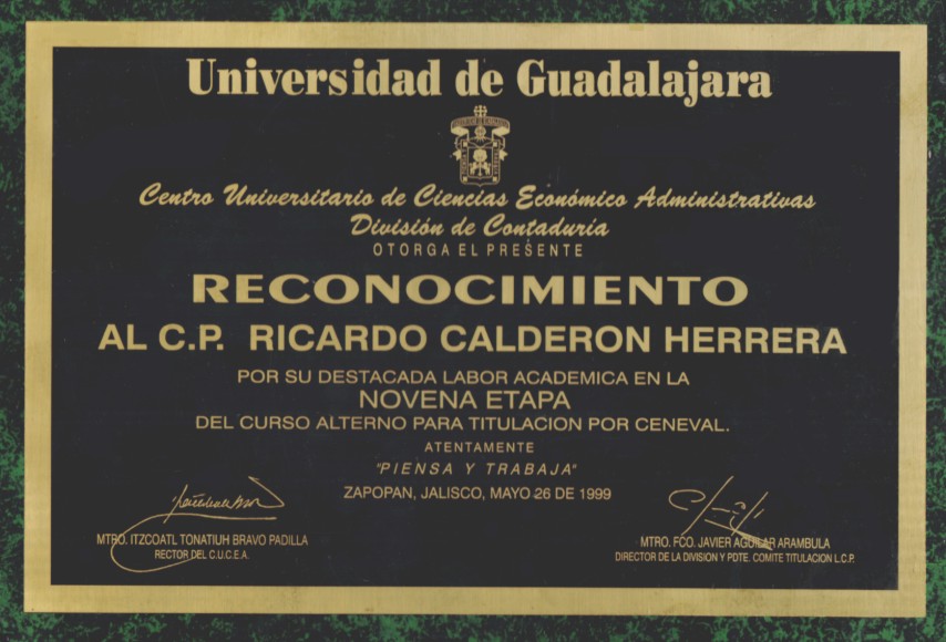 Diploma Reconocimiento maestro Finanzas en CENEVAL de la Universidad de Guadalajara