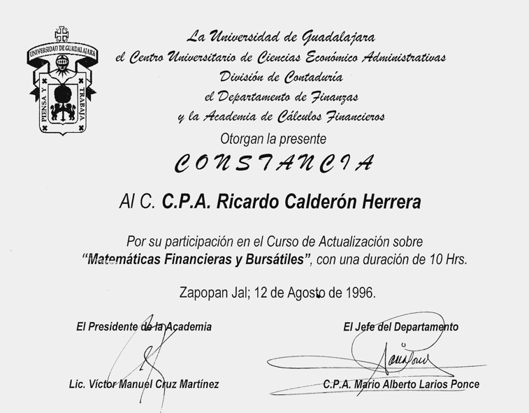 Diploma curso Finanzas, Matemáticas Financieras y Bursátiles, Universidad de Guadalajara, Sede CUCEA