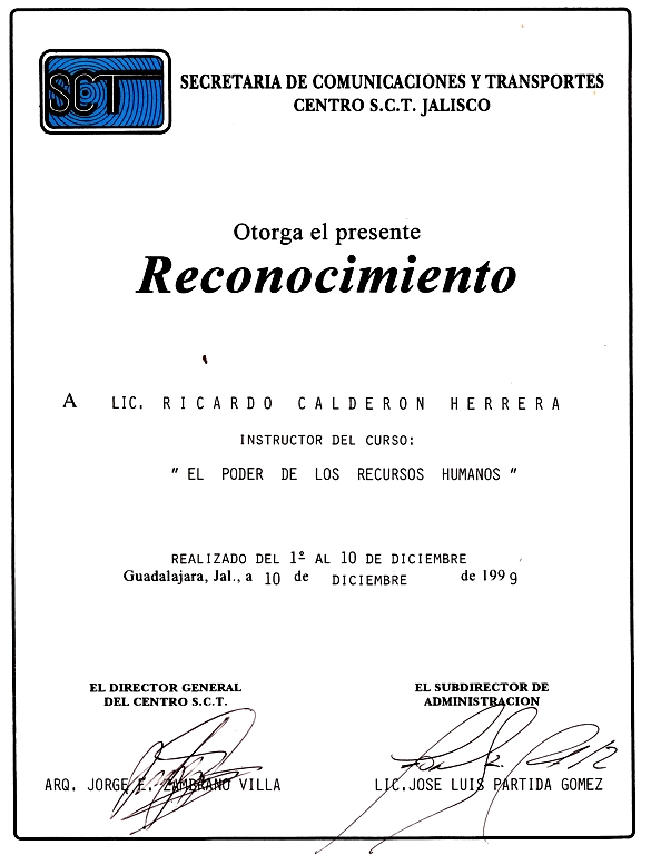 Diploma curso El Poder de los Recursos Humanos, impartido en la Secretaría de Comunicaciones y Transportes, Centro SCT Jalisco