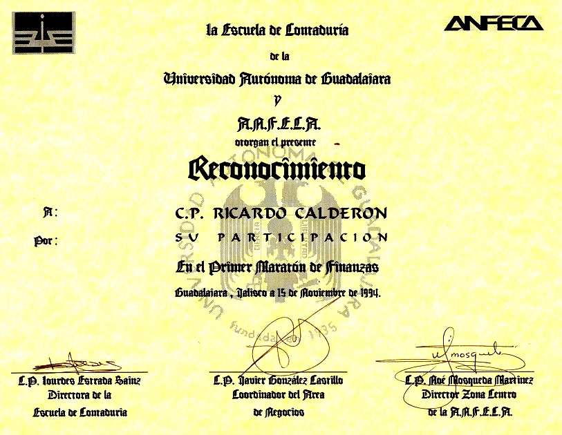 Reconocimiento de la Universidad Autonoma de Guadalajara, como Maestro participante en Primer Maratón de Finanzas ANFECA
