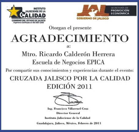 Reconocimiento como capacitadores Cruzada Calidad Instituto Jalisciense de la Calidad Jalisco México